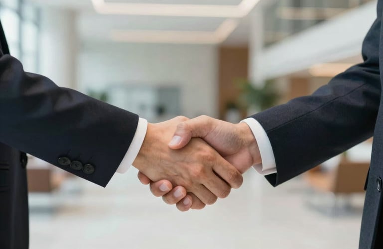A focused shot of two professionals shaking hands in a bright, modern lobby, conveying reliability and expertise.