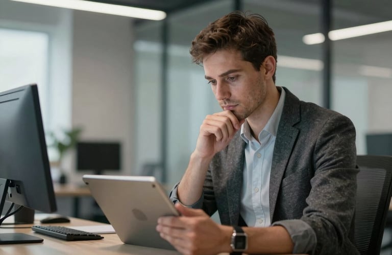 A portrait of a software designer in professional attire, looking thoughtfully at a tablet, in a modern Eastern European office setting.