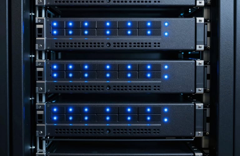 A close-up photograph of a clean, organized server rack with small blue LED indicator lights, symbolizing robust and secure infrastructure in a North American data center.