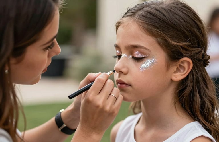 Professional focus on a makeup artist applying delicate glitter designs to a child's face at a high-end Spanish outdoor celebration.