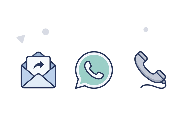 Flat line icons for email, WhatsApp message, and telephone support contact options.
