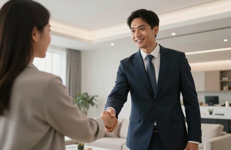 A professional real estate agent shaking hands with a client in a modern North American / US living room with high ceilings and premium Cloud White finishes.