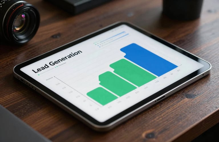 Close-up of a high-tech tablet on a dark wood desk in a North American / US office, displaying lead generation graphs in Trust Green and Steel Blue.