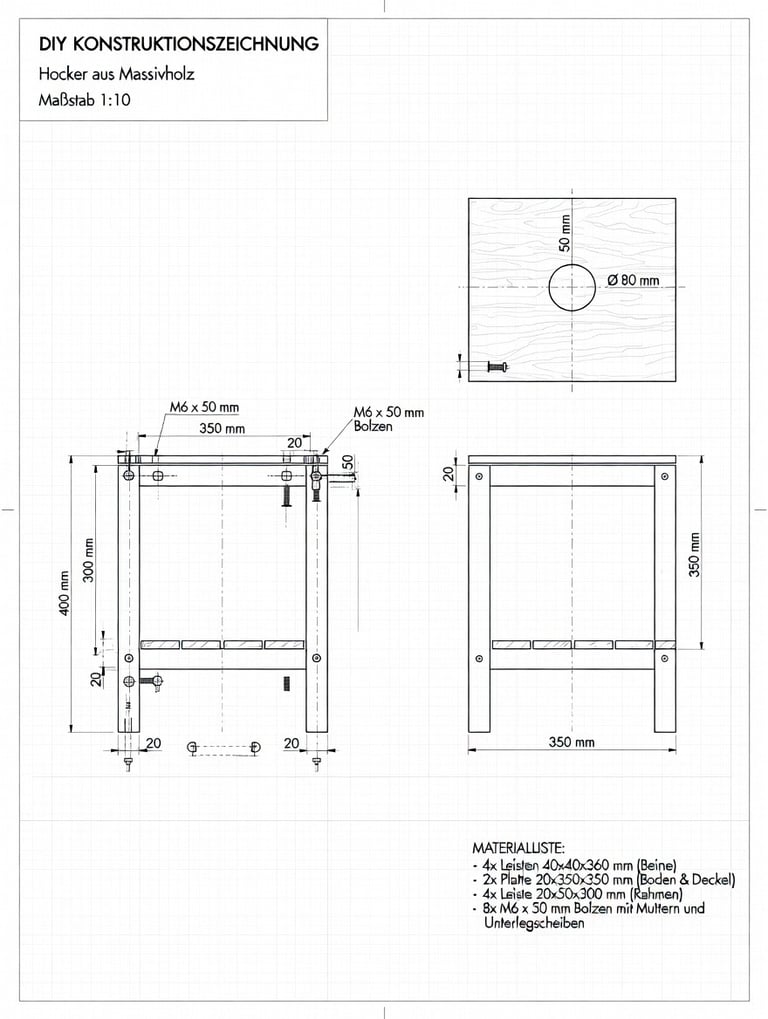 DIY technical drawing for a solid wood yoni steam pecifications, and a material list.