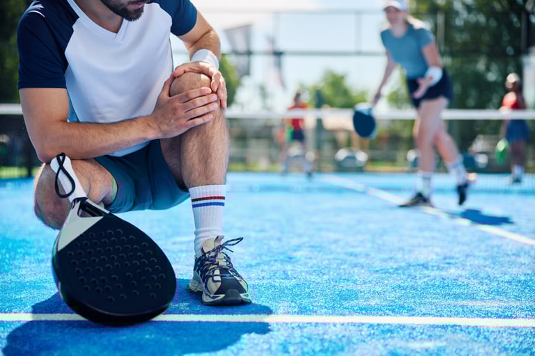 A pickleball player holding his injured knee while sitting on a blue outdoor court.