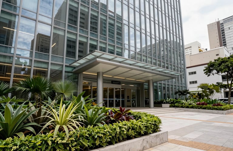 Exterior shot of a modern glass building entrance with a well-maintained garden in a Brazilian city, bright daylight.