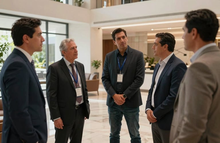 A South American professional syndicate inspecting a modern and clean residential lobby, highlighting attention to detail.