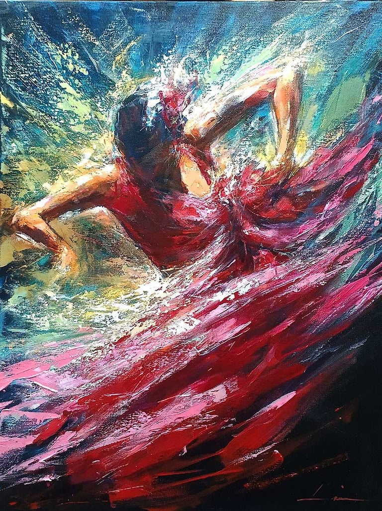 Pintura artística al óleo de una bailaora flamenca con vestido rojo capturando el movimiento y compás del baile andaluz.