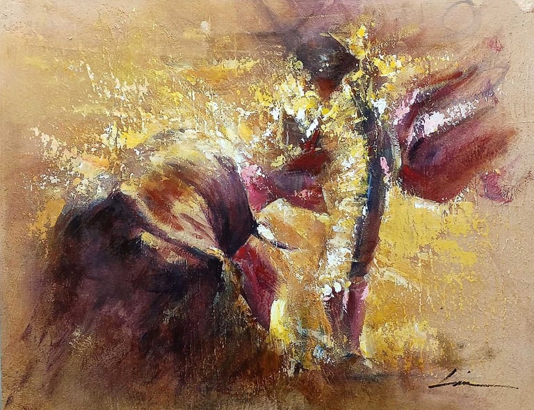 Cuadro de un torero de frente a un toro con traje de luces dorado sobre un lienzo con textura mineral rugosa y fondo oscuro.
