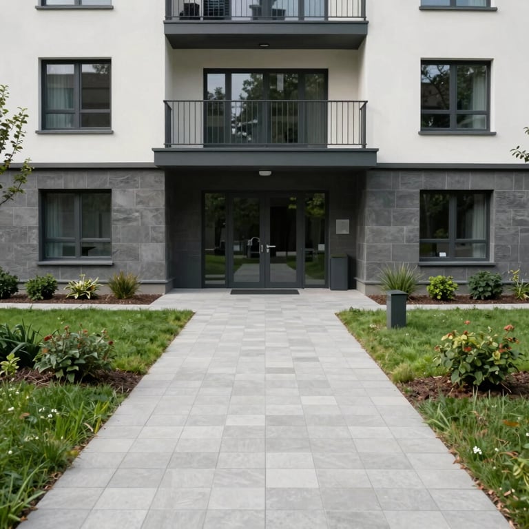 Photography of the entrance to a modern Central European residential building with a spotless walkway and perfectly trimmed decorative grass.