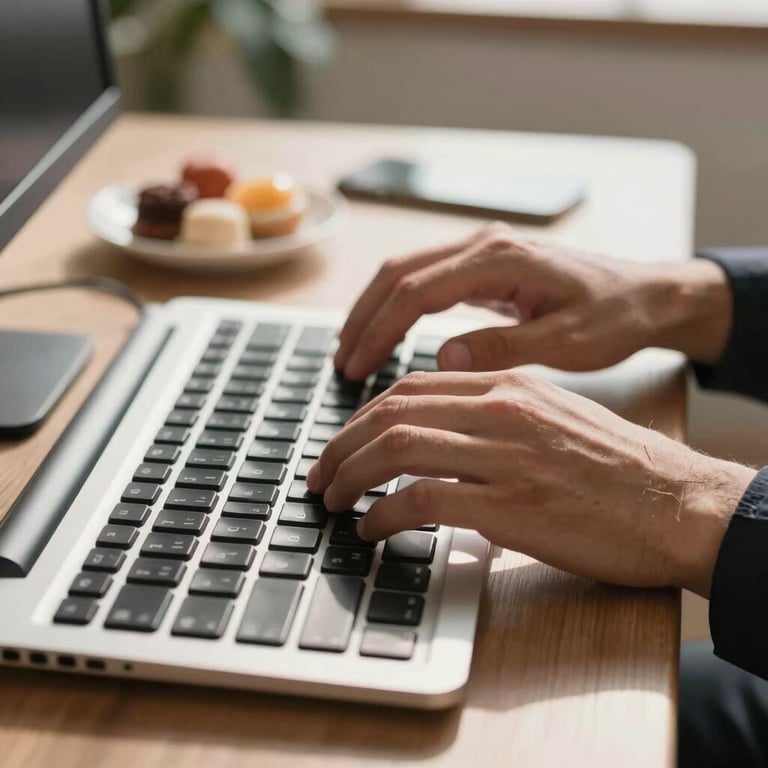 Hands of a professional typing on a sleek keyboard in a sunny Brazilian office, with a small dish of sweets visible in the background. High-end lifestyle photography.