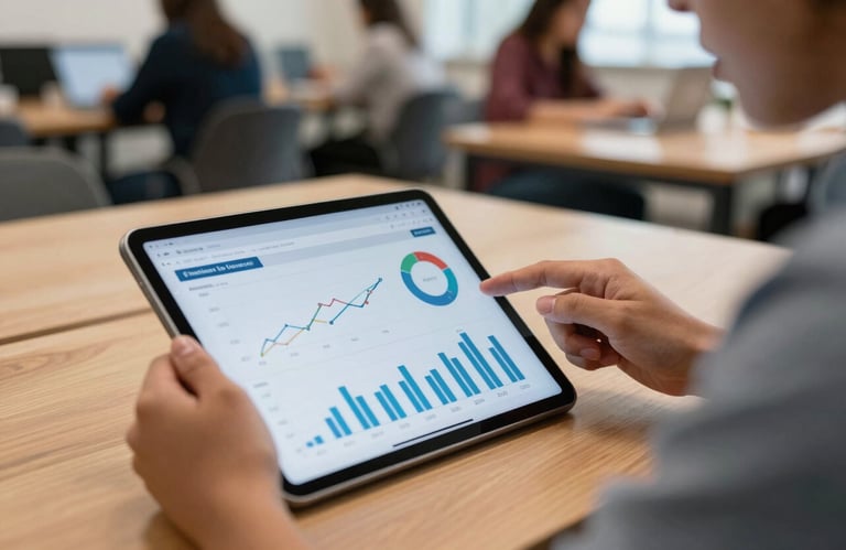 A professional analyzing sales performance metrics on a tablet computer in a clean, modern Brazilian coworking space. Focus is on the screen and hands.