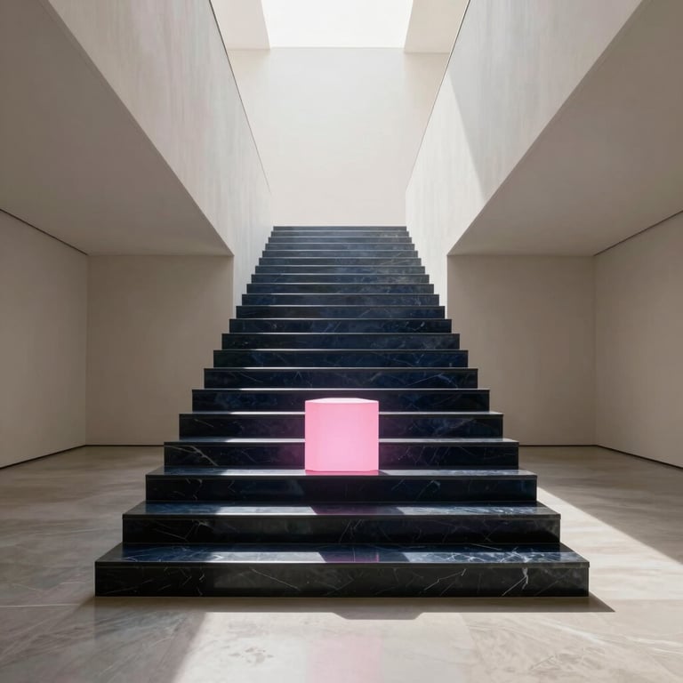 Minimalist black marble staircase with a glowing pink neon cube in a modern gallery space.