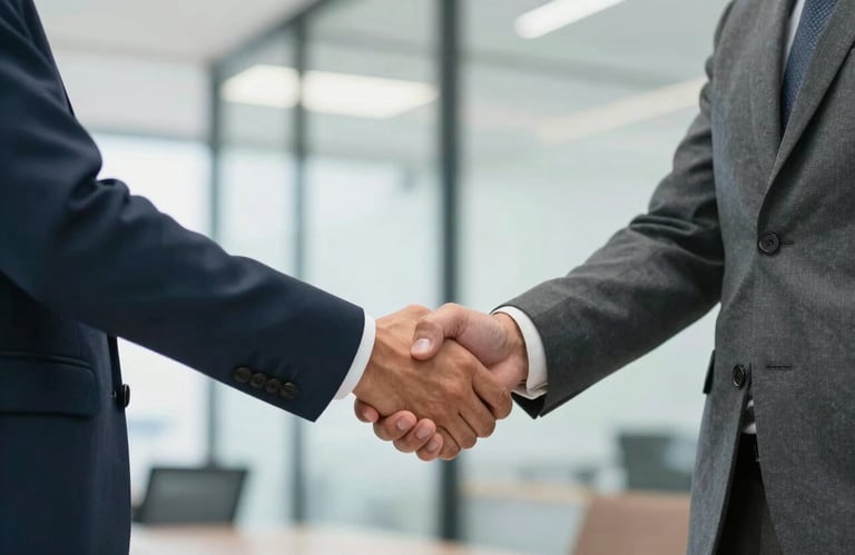 Two professionals in South American business attire shaking hands firmly in a bright, modern corporate setting, symbolizing trust and reliability.