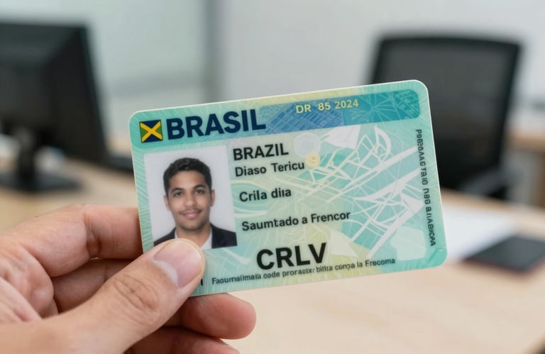 A close-up photograph of a hand holding a Brazilian vehicle registration card (CRLV), clear and sharp focus, against a professional office backdrop.