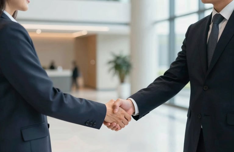 A professional interaction in a bright, modern North American / US corporate lobby. Two individuals are engaged in a confident handshake, illustrating trust, partnership, and marketing consultancy expertise.