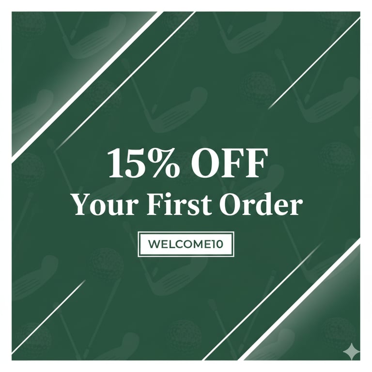 Golf discount banner offering 15% off your first order with promo code WELCOME10 on a green background.