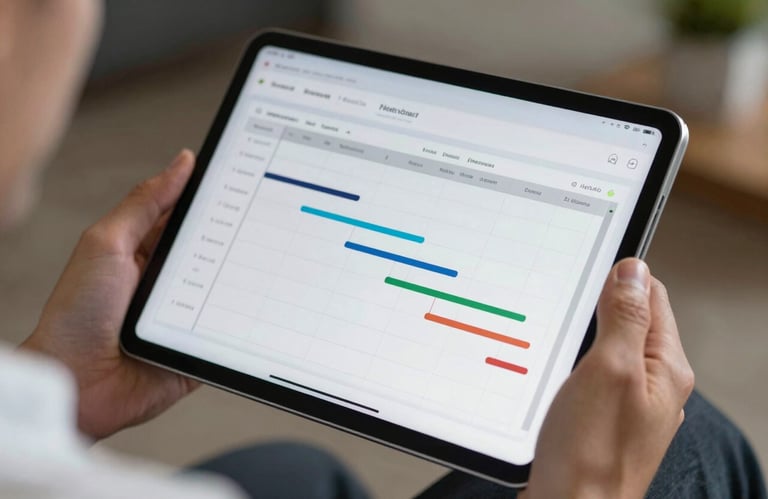 Close-up of a digital tablet showing a project timeline and Gantt charts, held by a professional in a crisp white shirt.