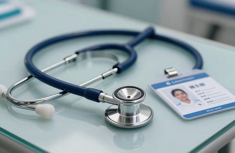 Macro photography of a stethoscope and a nurse's ID badge resting on a clean glass table in a London healthcare facility, professional lighting, alice blue and navy blue color palette.