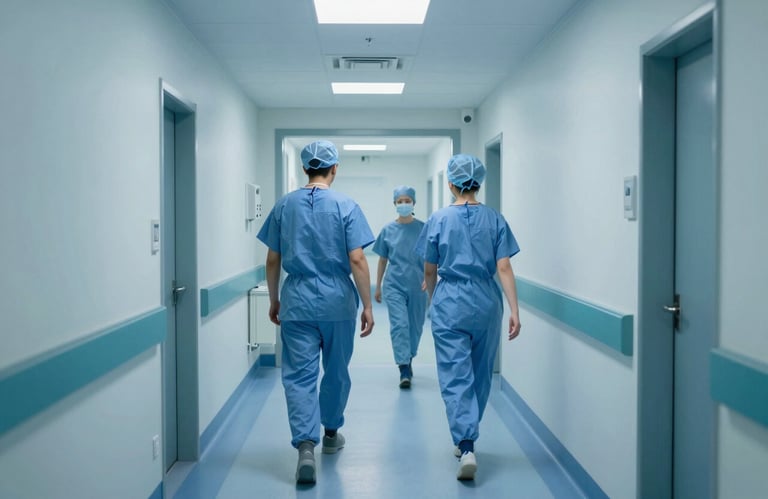 A sterile and modern hospital corridor in London, UK, featuring soft blue lighting, polished floors, and a sense of high-standard clinical order.