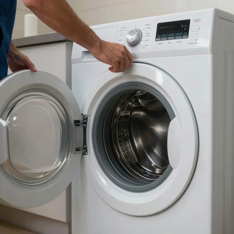 A clean, modern front-loading washing machine in a well-organized laundry room, with a technician's hand adjusting the dial, professional lighting, Sharjah Middle Eastern / Gulf interior.