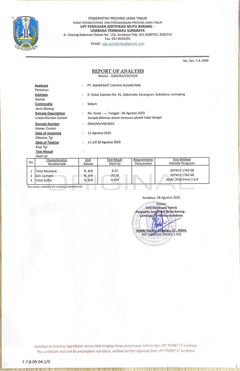 Lab report for raw rice husk sample