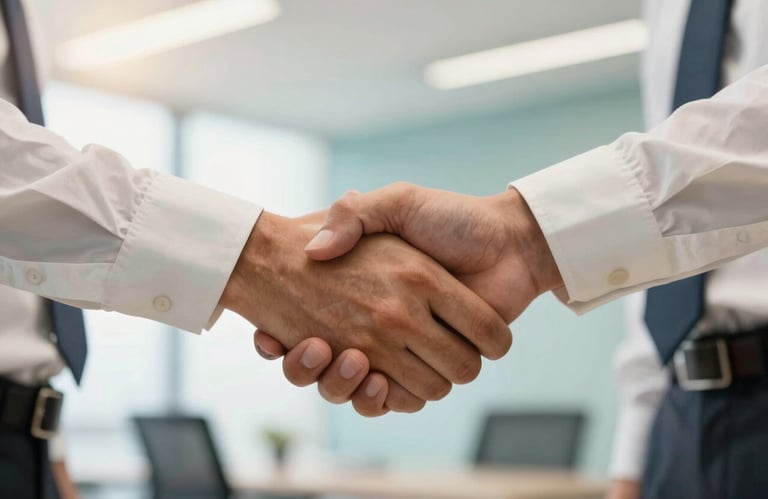 A close-up photograph of a professional handshake between two executives in a bright, modern corporate environment. North American / Global setting, soft natural lighting, with off-white and medium teal accents.