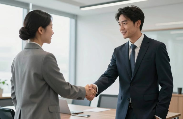 A North American professional in a business suit shaking hands with a client in a bright, modern corporate boardroom.