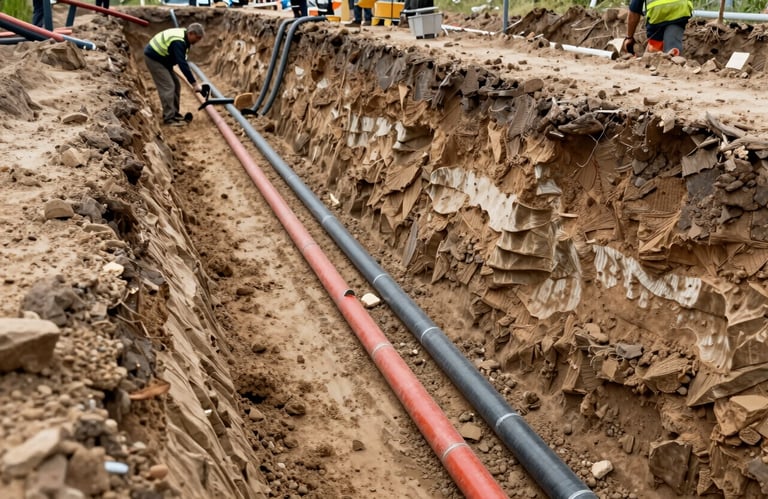 A cross-section of a deep trench in Central European / German soil, showing neat layers of sand and various colored conduits being laid by a professional team.