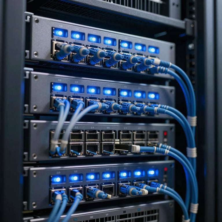 Macro photography of a sleek server rack in a secure North American data center with glowing blue LED status lights and organized networking cables.