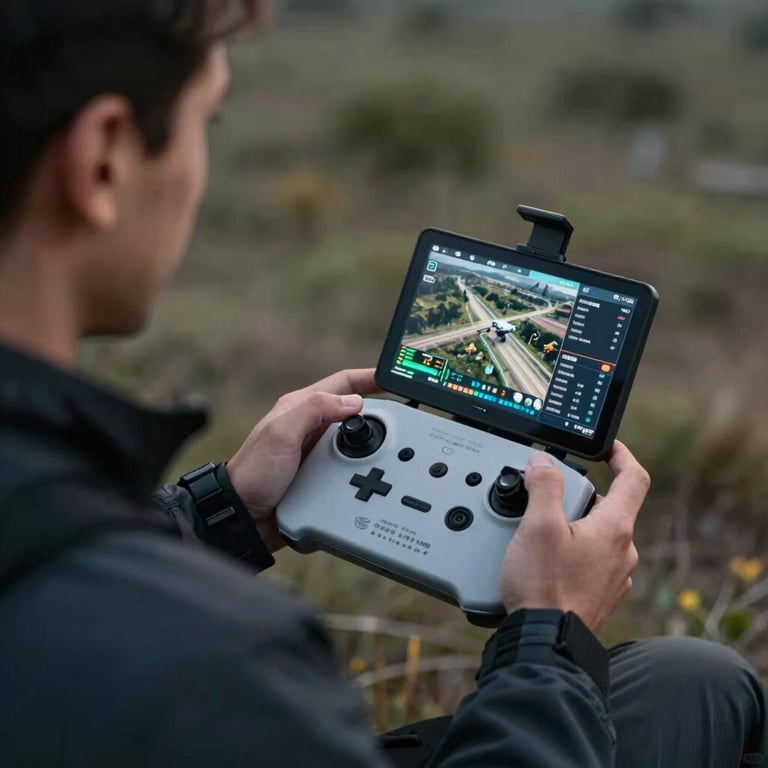 A professional drone pilot in a dark tech jacket operating a luminous digital controller with multiple screens showing aerial data.