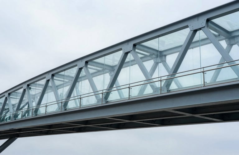 Architectural shot of a modern glass and steel bridge in a tech park, clean minimalist lines in steel blue and mist grey.