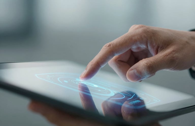 Close-up of a professional hand interacting with a modern holographic glass interface, soft focus background in steel blue tones.