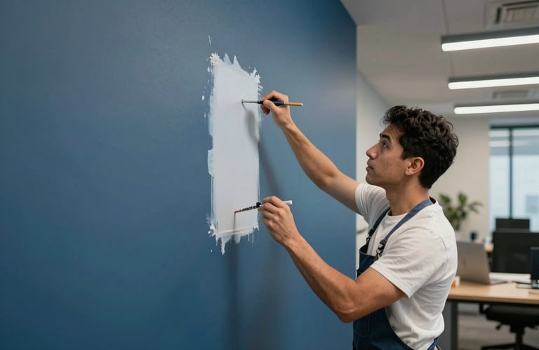 A clean interior scene showing a painter finishing a steel blue wall in a modern office space, North American / Hispanic setting, professional finish.