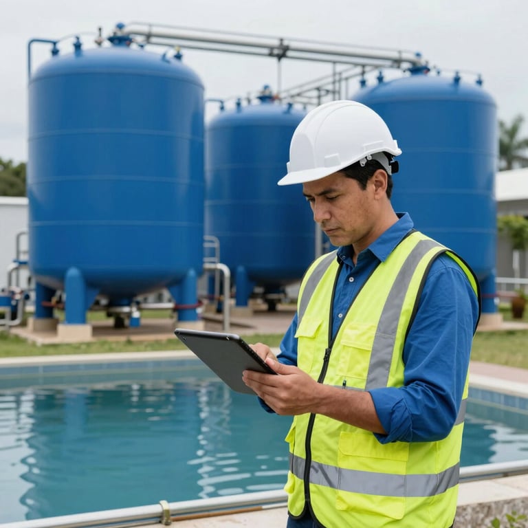 A South American engineer in a professional safety vest monitoring a digital tablet in front of a clean, modern water treatment system with cobalt blue tanks.