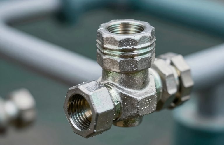 Close up of a durable metal water fitting and agricultural accessories, technical and high-precision photography, using #2F3E46 and #52796F tones.