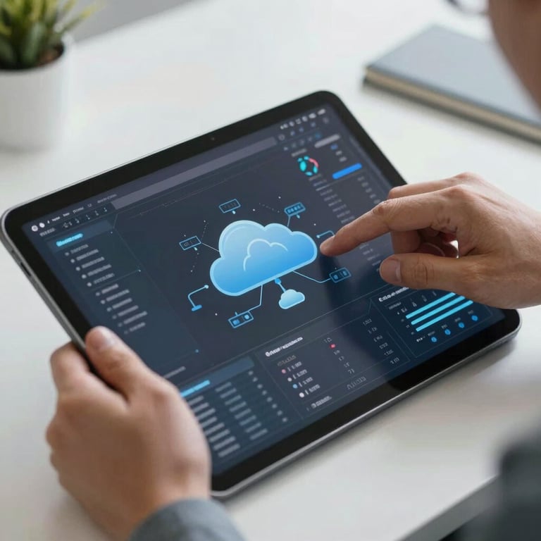 Close-up of professional hands working on a modern tablet interface displaying data analytics and cloud infrastructure diagrams. Bright, airy corporate setting with gray-blue accents.