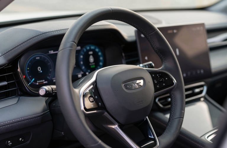 A detailed close-up of a high-end car's leather steering wheel and digital dashboard, reflecting modern technology and luxury, soft professional lighting in charcoal gray tones.