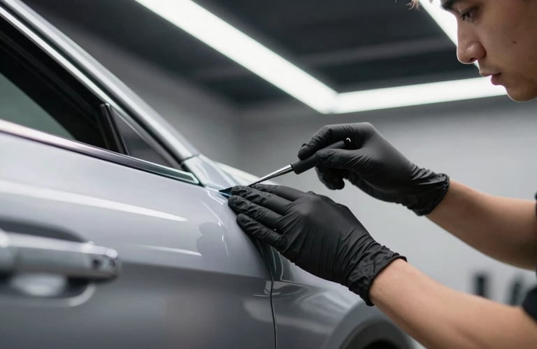 Professional detailer in France wearing black gloves, carefully inspecting the paint finish of a silver car under bright LED strip lights.