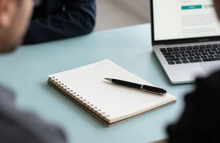Behind-the-scenes shot of a content planning session with a notepad, a pen, and a laptop on a #FAF5E5 colored surface. Modern and organized aesthetic.