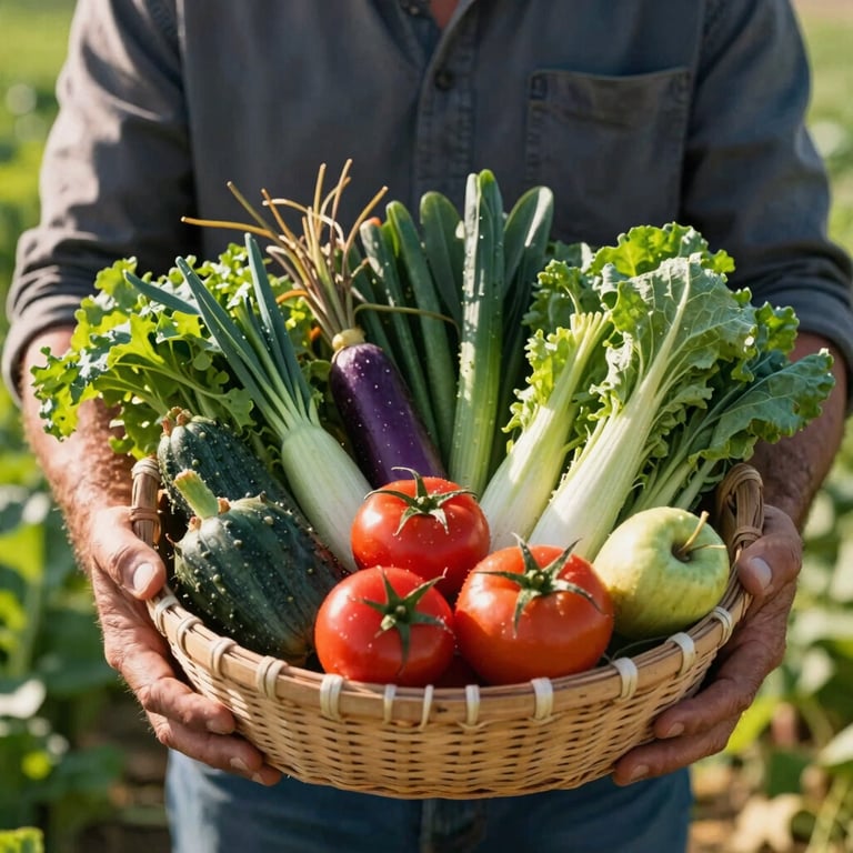 A close-up of a local farmer's hands holding a basket overflowing with fresh organic vegetables in a sun-drenched field, North American / European.