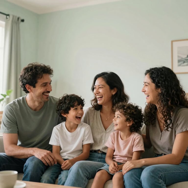 A happy North American family laughing together in a bright, clean, mold-free living room with soft green and white interior design.