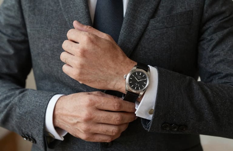 A professional man in a dark grey suit jacket adjusting his cuff, revealing a high-end luxury watch. Minimal and authoritative composition.