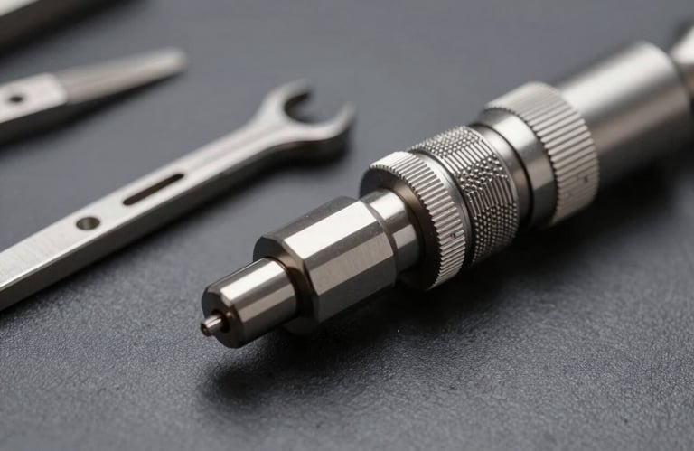 Macro shot of a watchmaker's precision tools resting on a clean dark grey surface, highlighting the metallic steel textures and perfect alignment.