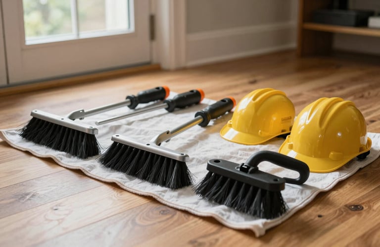 A set of professional chimney brushes and safety gear organized neatly on a drop cloth on a wooden floor in a North American home, soft natural light through a window.