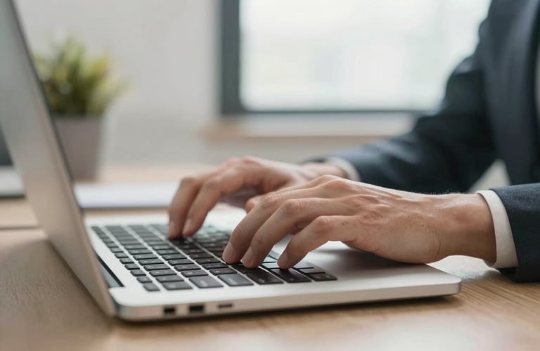 Close-up of hands typing on a modern keyboard in a bright North American / US office, soft natural lighting, professional and calm atmosphere.