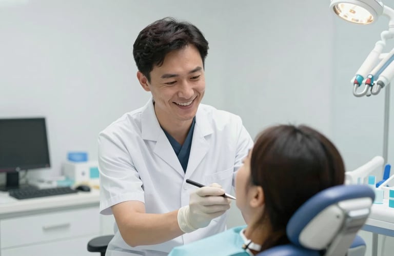 Friendly interaction between a dentist and a patient in a bright consultation room, showing empathy and professional care.