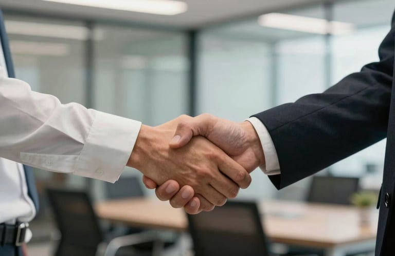 A firm handshake between two professionals in a modern North American / US office setting, soft focus on the background, conveying agreement and connection.