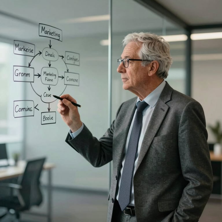 A senior marketing strategist in a tailored business suit standing in front of a glass wall with handwritten marketing funnels and conversion charts.