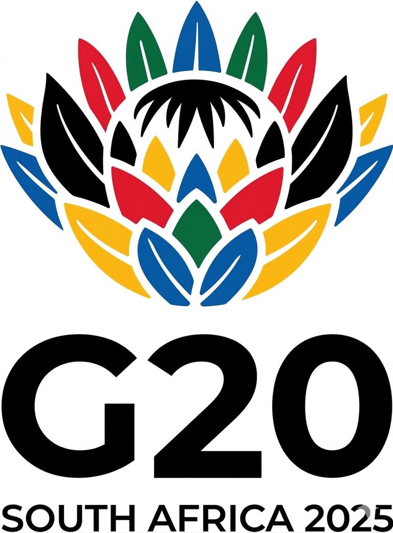 Logotipo oficial do G20 África do Sul 2025, apresentando uma flor Protea estilizada e colorida. Símb
